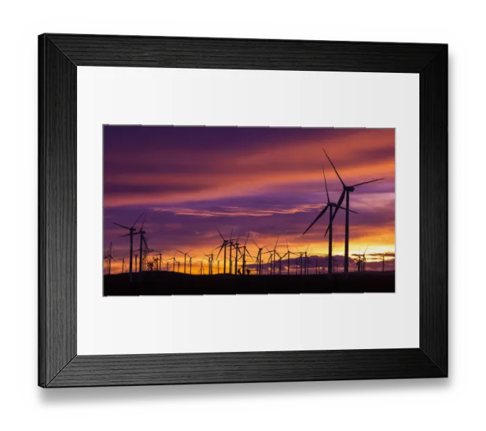 Framed Print : Silhouetted wind turbines at sunset, Mojave, California, USA