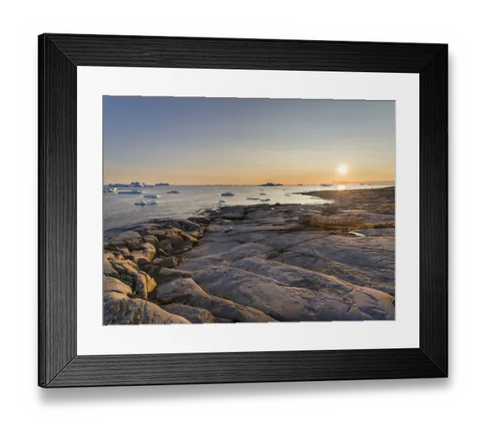 Framed Print : Coastal landscape with Icebergs. Inuit village Oqaatsut (once called Rodebay) located in Disko Bay Framed Print : Coastal landscape with Icebergs. Inuit village Oqaatsut (once called Rodebay) located in Disko Bay
