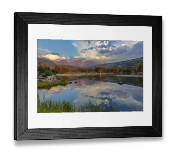 Framed Print : Sunrise light on Hallett Peak and Flattop Mountain above Sprague Lake in Rocky Mountain