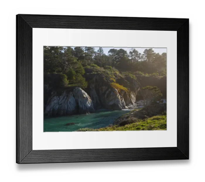 Framed Print : Morning sun filtering in through trees to a cove in Pt Lobos, California
