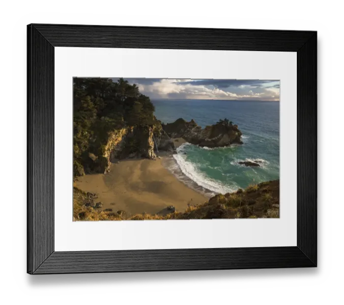 Framed Print : Soft golden light of sunset shining on the cover of McWay Falls, Julia Pfeiffer Park Framed Print : Soft golden light of sunset shining on the cover of McWay Falls, Julia Pfeiffer Park