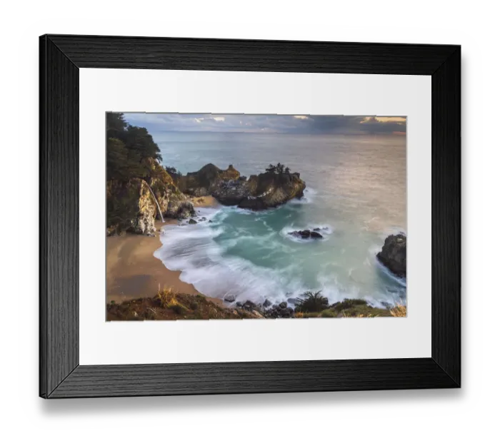 Framed Print : Overview of golden light on McWay Falls, Big Sur Framed Print : Overview of golden light on McWay Falls, Big Sur