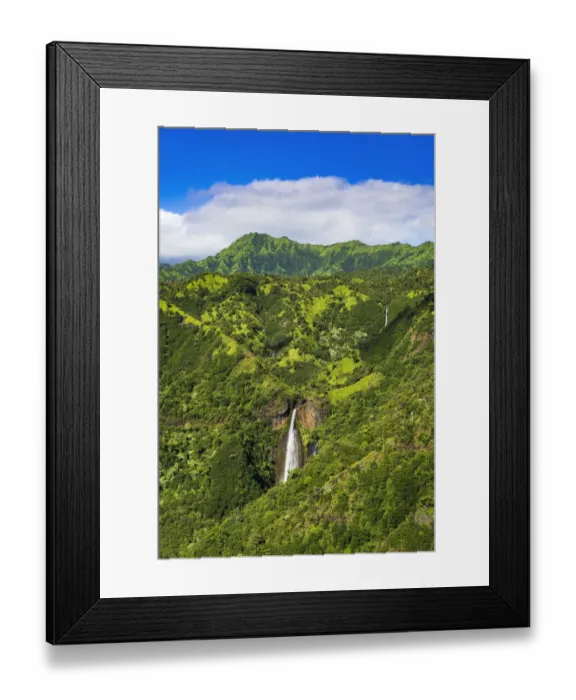 Framed Print : Manawaiopuna Falls (aerial) also known as Jurassic Park Falls, Hanapepe Valley, Kauai, Hawaii, USA