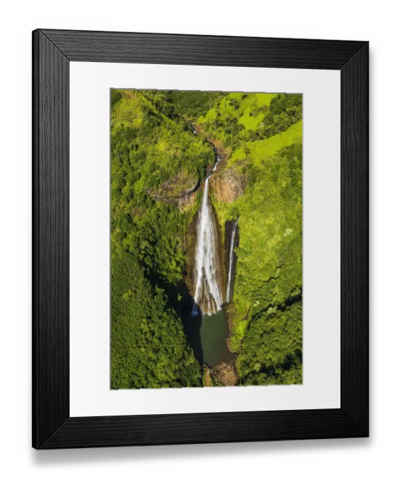 Framed Print : Manawaiopuna Falls (aerial) also known as Jurassic Park Falls, Hanapepe Valley, Kauai, Hawaii, USA