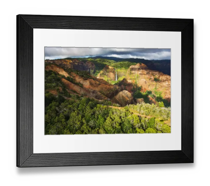 Framed Print : Waipoo Falls and the Waimea Canyon highway, Waimea Canyon State Park, Kauai, Hawaii, USA