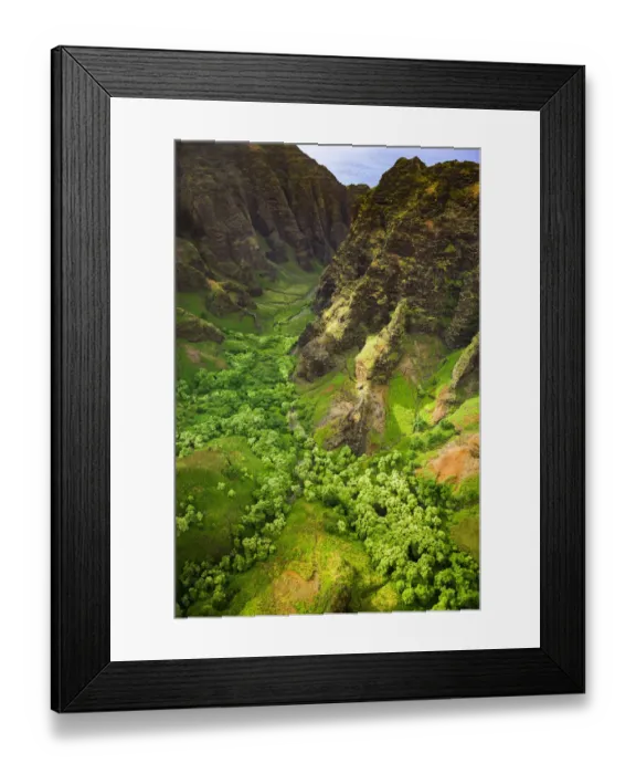 Framed Print : Lush valley and cliffs, Nualolo Kai State Park, Kauai, Hawaii, USA Framed Print : Lush valley and cliffs, Nualolo Kai State Park, Kauai, Hawaii, USA