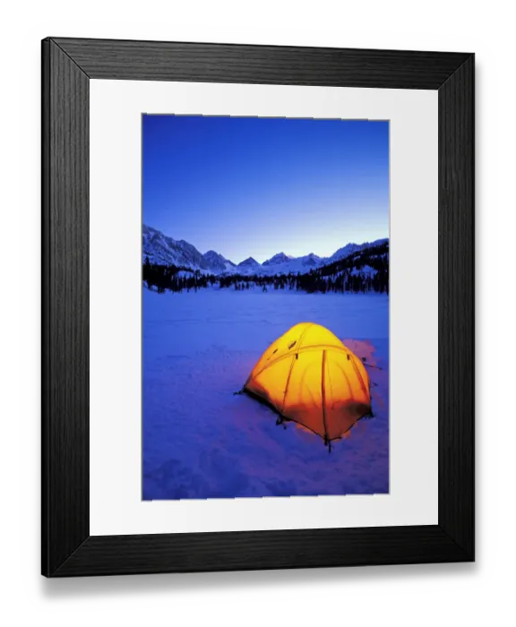Framed Print : Yellow dome tent in winter, John Muir Wilderness, Sierra Nevada Mountains, California, USA
