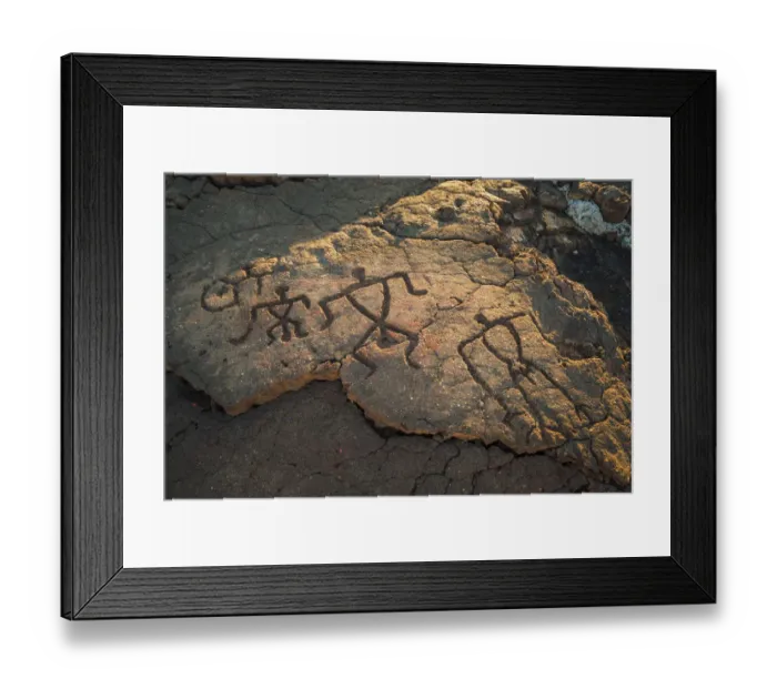 Framed Print : Hawaiian petroglyphs on the Kings Trail at Waikoloa, Kohala Coast, Big Island, Hawaii
