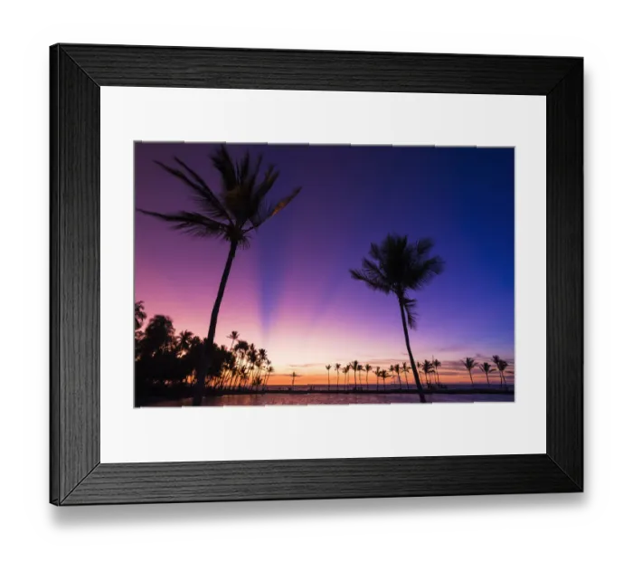 Framed Print : Sunset through silhouetted palms at Anaeho omalu Bay, Kohala Coast, Big Island