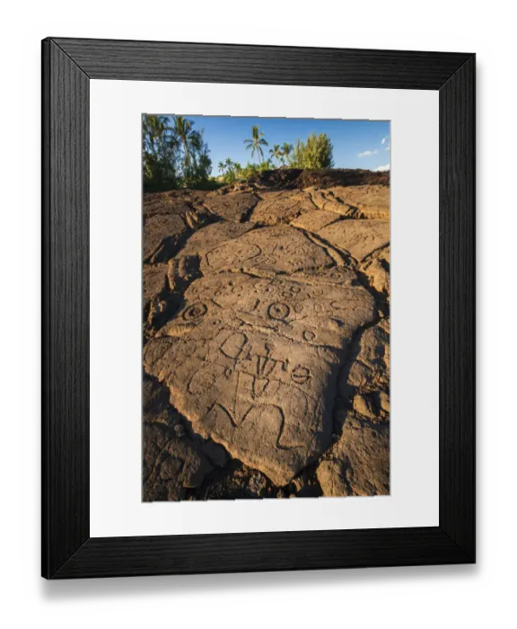 Framed Print : Hawaiian petroglyphs on the Kings Trail at Waikoloa, Kohala Coast, Big Island, Hawaii
