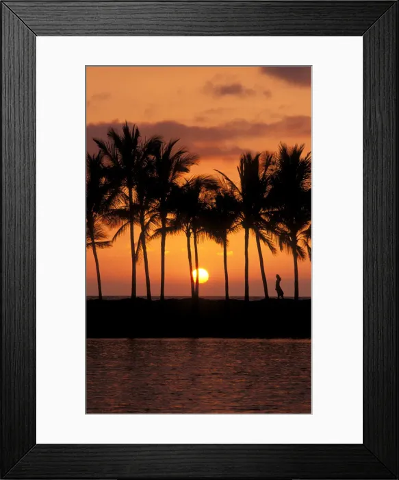 Framed Print : Silhouetted palm trees and woman at sunset, Kohala Coast, The Big Island, Hawaii (MR)