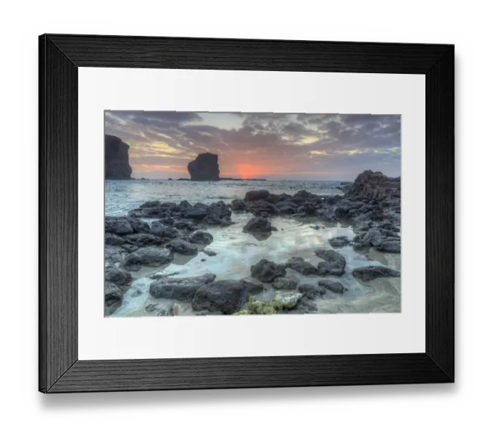 Framed Print : View from beach at Manele Bay of Puu Pehe (Sweetheart Rock) at sunrise, South Shore of Lanai Island