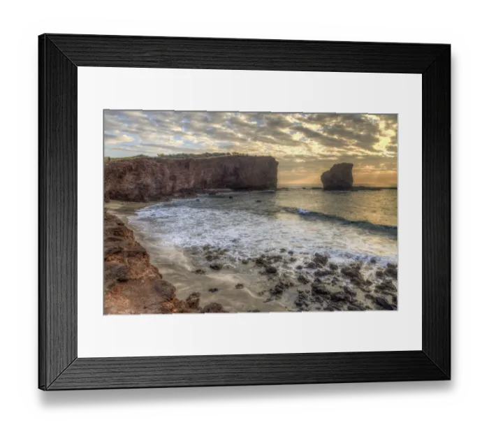 Framed Print : View from beach at Manele Bay of Puu Pehe (Sweetheart Rock) at sunrise, South Shore of Lanai Island Framed Print : View from beach at Manele Bay of Puu Pehe (Sweetheart Rock) at sunrise, South Shore of Lanai Island