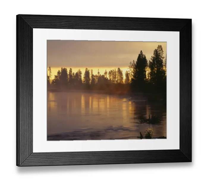 Framed Print : USA, Oregon, Deschutes National Forest. Fog hovers above the Deschutes River at sunrise