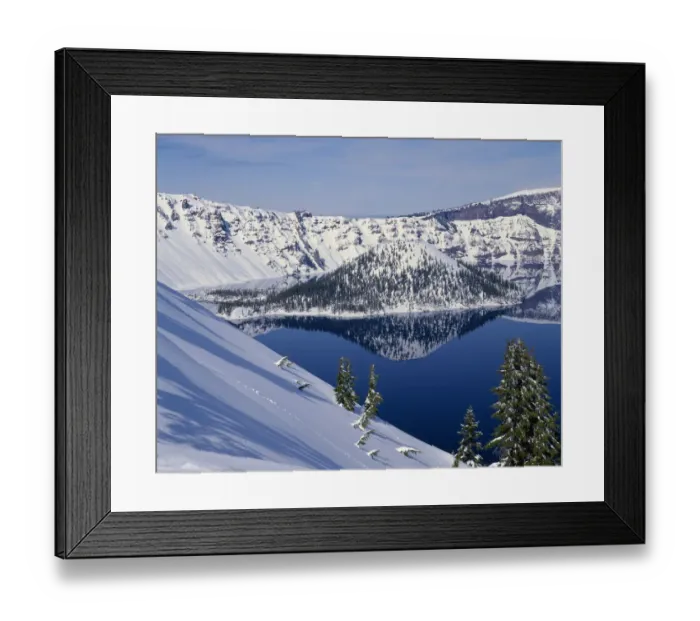 Framed Print : USA, Oregon, Crater Lake National Park. Winter snow on west rim of Crater Lake and Wizard Island Framed Print : USA, Oregon, Crater Lake National Park. Winter snow on west rim of Crater Lake and Wizard Island