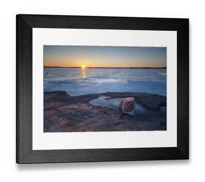 Framed Print : USA, New York State. Winter sunset over a frozen St. Lawrence River, Thousand Islands