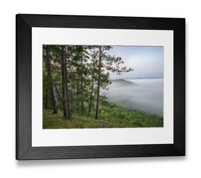Framed Print : USA, New York State. Mountains enshrouded in morning fog, Kipp Mountain, Adirondack Mountains