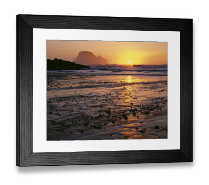 Framed Print : USA, Oregon. Sunset, tide-washed sand and Three Arch Rocks, near Oceanside