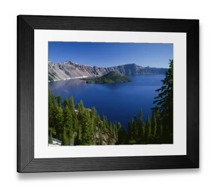 Framed Print : USA, Oregon. Crater Lake National Park, Wizard Island and Crater Lake with a grove