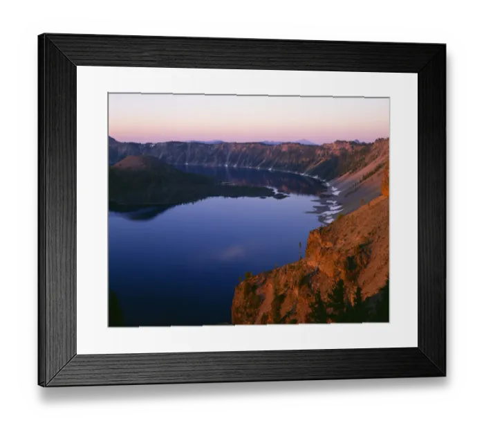 Framed Print : USA, Oregon. Crater Lake National Park, sunrise light on Wizard Island, view south Framed Print : USA, Oregon. Crater Lake National Park, sunrise light on Wizard Island, view south