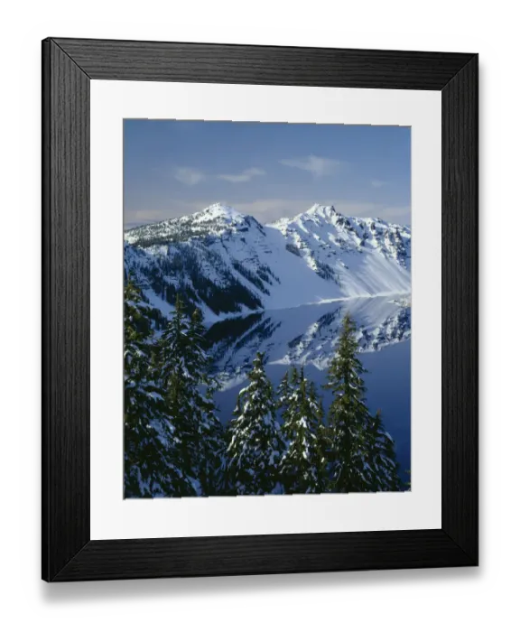Framed Print : USA, Oregon. Crater Lake National Park, winter snow on west rim of Crater Lake with The Watchman Framed Print : USA, Oregon. Crater Lake National Park, winter snow on west rim of Crater Lake with The Watchman