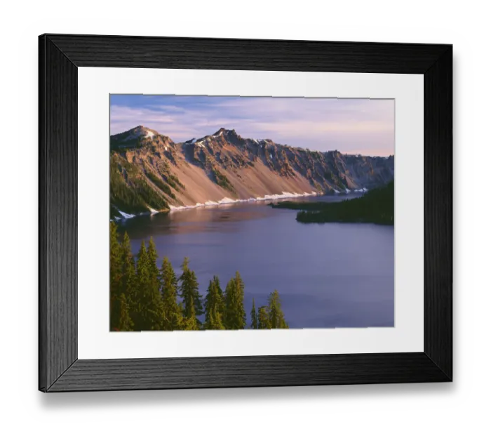 Framed Print : USA, Oregon. Crater Lake National Park, sunrise on west rim of Crater Lake with The Watchman