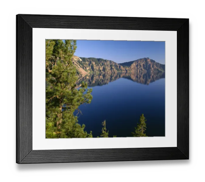 Framed Print : USA, Oregon. Crater Lake National Park, whitebark pines frame view south from Palisade