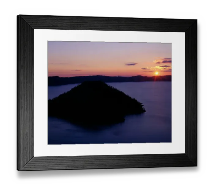 Framed Print : USA, Oregon. Crater Lake National Park, sunrise over Wizard Island and Crater Lake in summer Framed Print : USA, Oregon. Crater Lake National Park, sunrise over Wizard Island and Crater Lake in summer