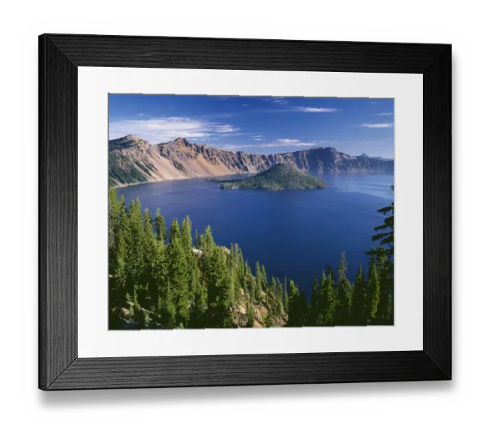 Framed Print : USA, Oregon, Crater Lake National Park. Crater Lake and Wizard Island with distant Hillman Peak Framed Print : USA, Oregon, Crater Lake National Park. Crater Lake and Wizard Island with distant Hillman Peak