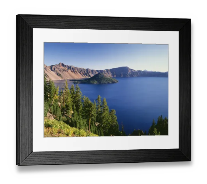 Framed Print : USA, Oregon, Crater Lake National Park. Crater Lake and Wizard Island with distant Hillman Peak