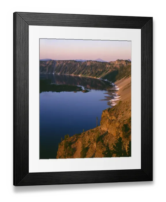 Framed Print : USA, Oregon. Crater Lake National Park, sunrise light on Wizard Island, view south Framed Print : USA, Oregon. Crater Lake National Park, sunrise light on Wizard Island, view south