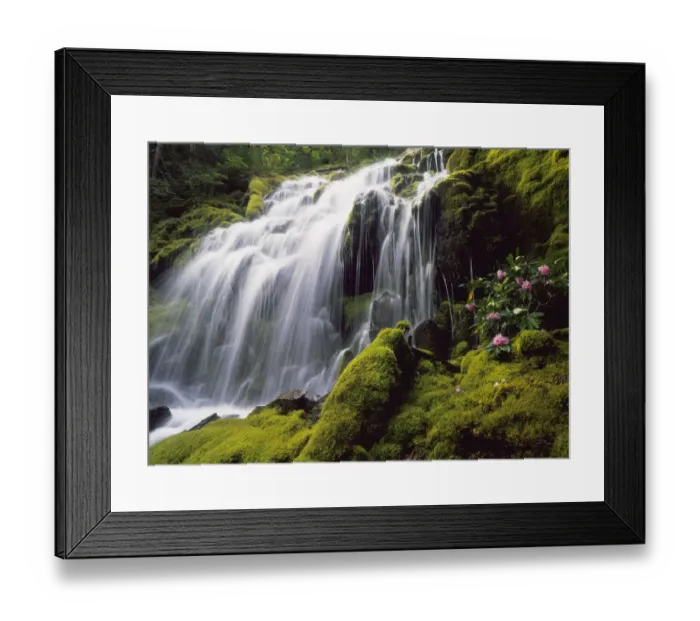 Framed Print : Waterfall and wild rhododendrons, Oregon Framed Print : Waterfall and wild rhododendrons, Oregon
