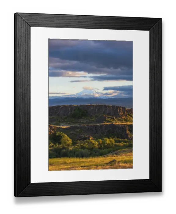 Framed Print : Sunset glow on tiered hills with snow-covered Mt. Hood in background