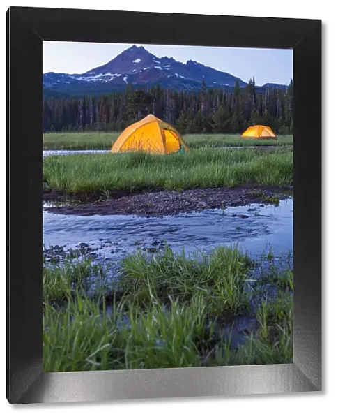 Broken Top Mountain and Camping Tent, Sparks Lake, Three Sisters Wilderness, Eastern Oregon