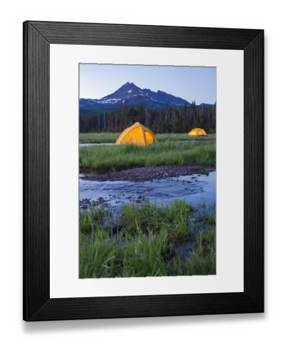 Framed Print : Broken Top Mountain and Camping Tent, Sparks Lake, Three Sisters Wilderness, Eastern Oregon Framed Print : Broken Top Mountain and Camping Tent, Sparks Lake, Three Sisters Wilderness, Eastern Oregon