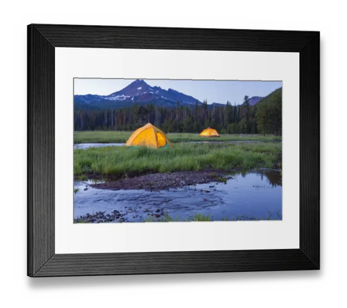 Framed Print : Broken Top Mountain and Camping Tent, Sparks Lake, Three Sisters Wilderness, Eastern Oregon Framed Print : Broken Top Mountain and Camping Tent, Sparks Lake, Three Sisters Wilderness, Eastern Oregon