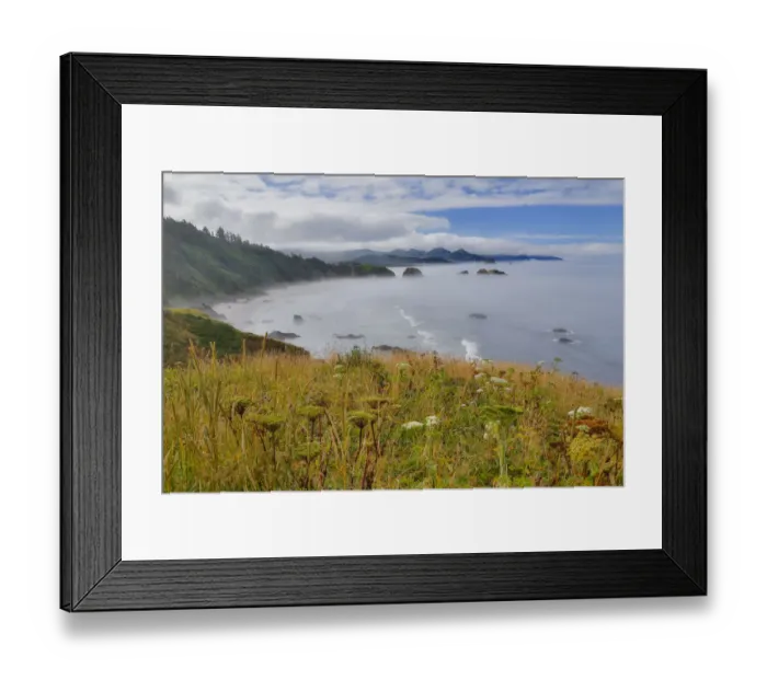 Framed Print : View of Cannon Beach with seastack with rising fog from Ecola State Park Framed Print : View of Cannon Beach with seastack with rising fog from Ecola State Park