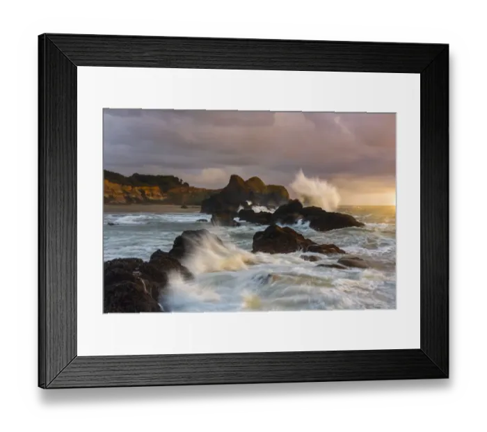 Framed Print : Large waves crashing against the sea stacks along the beach of Seal Rock