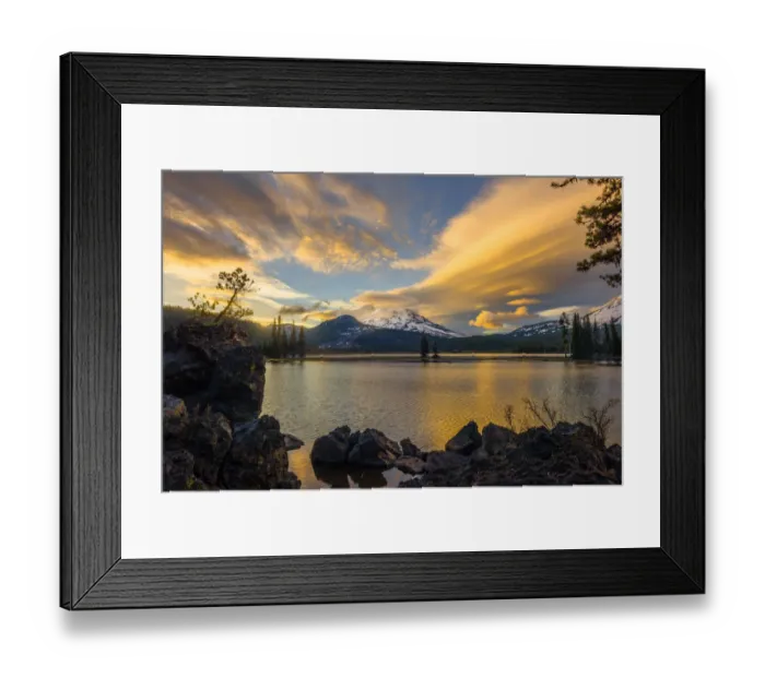 Framed Print : Sunset colors reflect off Diamond Lake from the lenticular clouds with snowcapped Mt