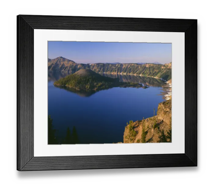 Framed Print : USA, Oregon, Crater Lake National Park. Sunrise light on Wizard Island, view south Framed Print : USA, Oregon, Crater Lake National Park. Sunrise light on Wizard Island, view south