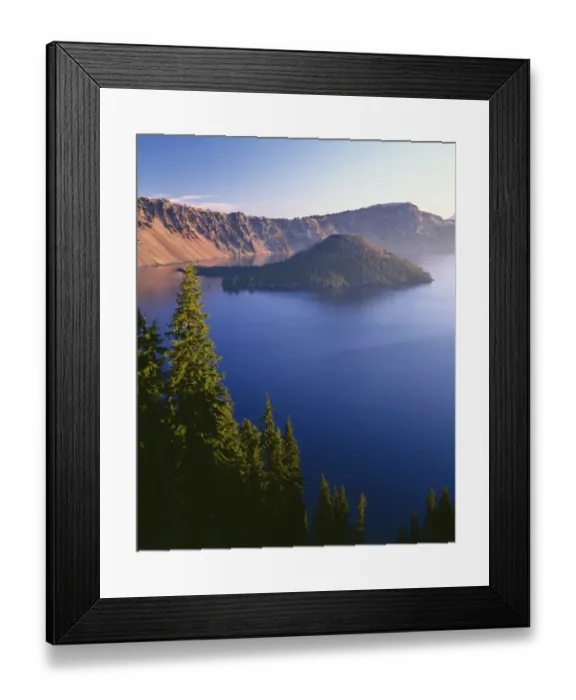 Framed Print : USA, Oregon, Crater Lake National Park. Sunrise on west rim of Crater Lake with Wizard Island