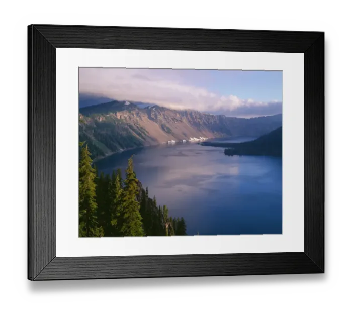 Framed Print : USA, Oregon, Crater Lake National Park. Morning clouds hover over west rim of Crater Lake Framed Print : USA, Oregon, Crater Lake National Park. Morning clouds hover over west rim of Crater Lake