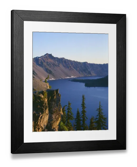 Framed Print : USA, Oregon, Crater Lake National Park. Sunrise on west rim of Crater Lake with Hillman Peak Framed Print : USA, Oregon, Crater Lake National Park. Sunrise on west rim of Crater Lake with Hillman Peak