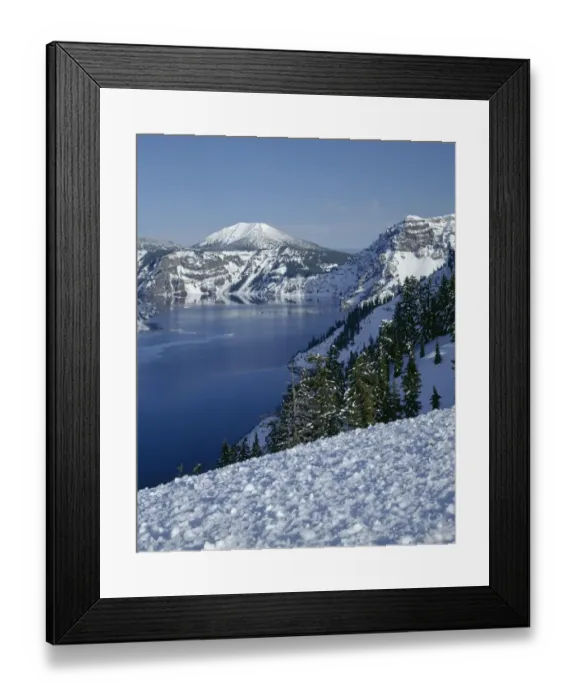 Framed Print : USA, Oregon, Crater Lake National Park. Evening light warms snowy rim of Crater Lake