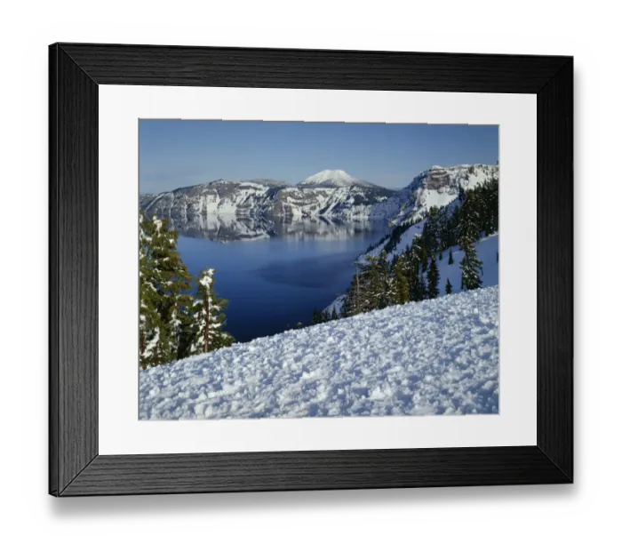 Framed Print : USA, Oregon, Crater Lake National Park. Evening light warms snowy rim of Crater Lake Framed Print : USA, Oregon, Crater Lake National Park. Evening light warms snowy rim of Crater Lake
