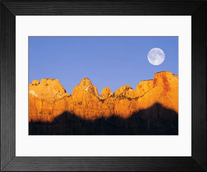 Framed Print : Full moon and winter dawn on the Towers of the Virgin, Zion National Park, Utah, USA Framed Print : Full moon and winter dawn on the Towers of the Virgin, Zion National Park, Utah, USA