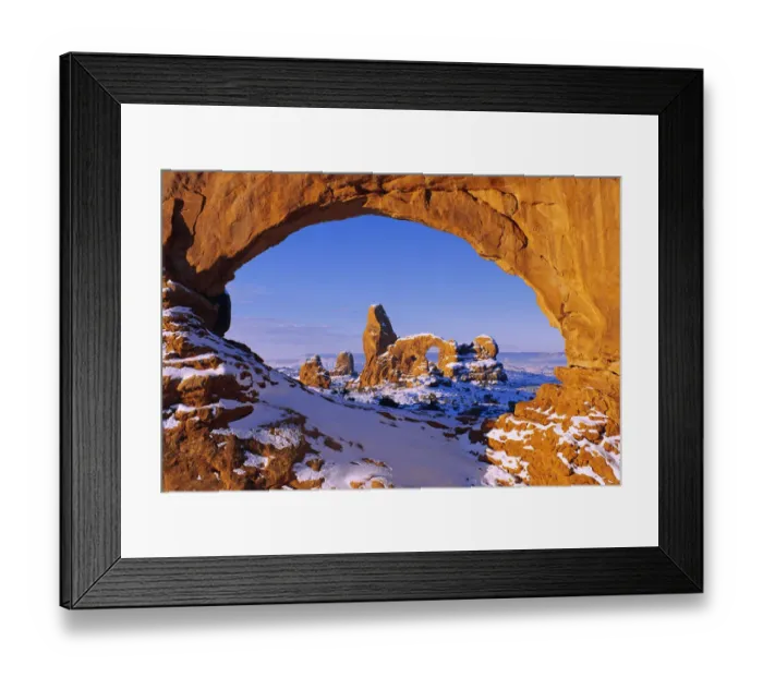 Framed Print : Morning light on North Window framing Turret Arch in winter, Arches National Park, Utah, USA
