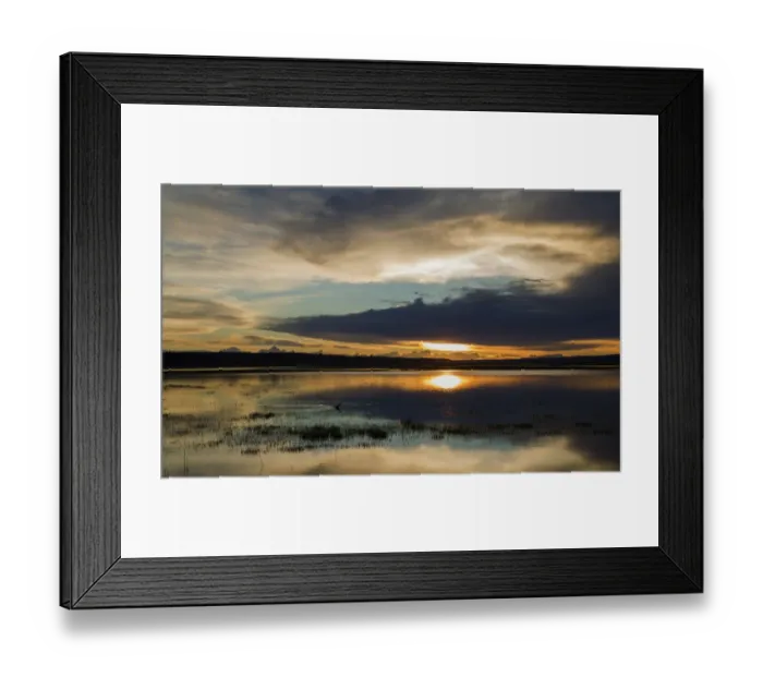 Framed Print : Sunset over flooded farmland