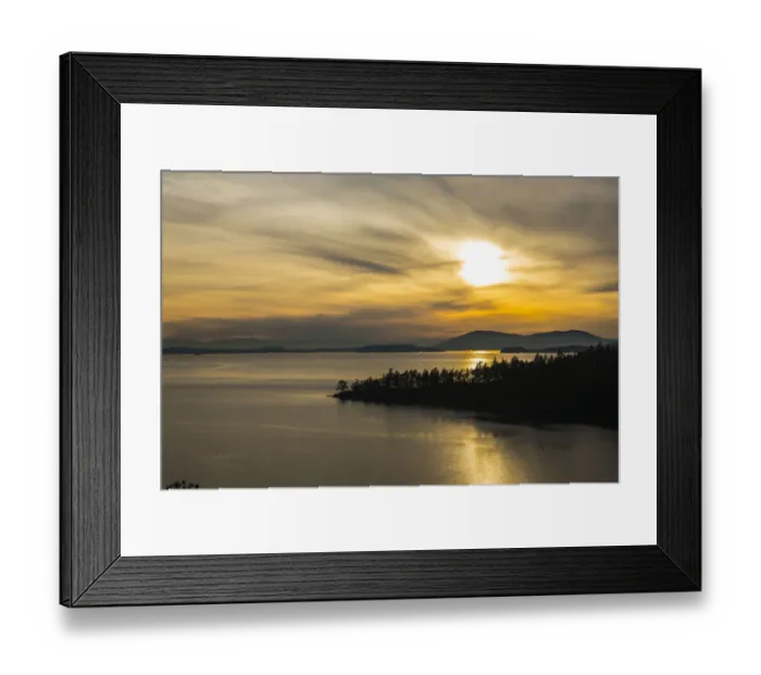 Framed Print : Chuckanut Drive, Washington State. Winter sunset on Samish Bay, Lummi Island, Bellingham Bay