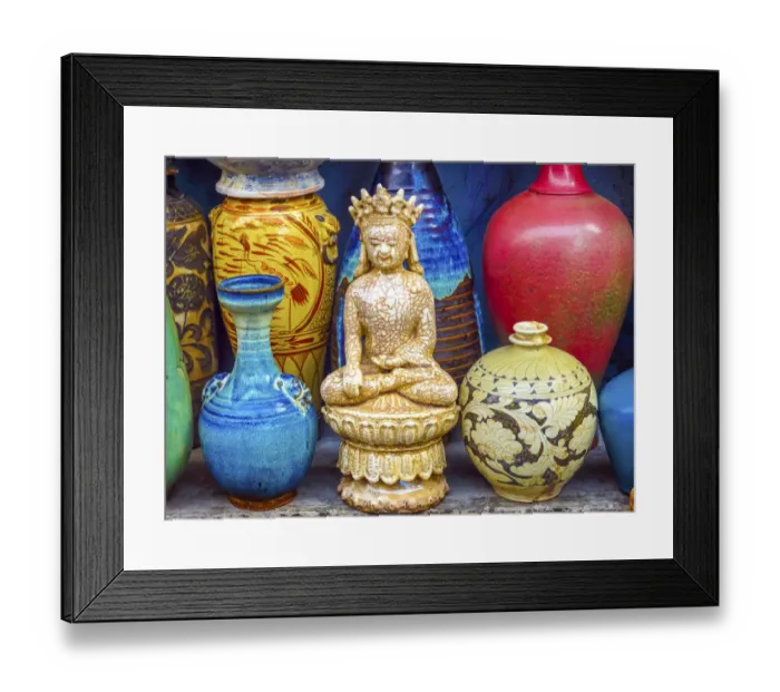 Framed Print : Old Chinese design blue and white ceramic Buddha pots, Panjuan Flea Market, Beijing, China Framed Print : Old Chinese design blue and white ceramic Buddha pots, Panjuan Flea Market, Beijing, China